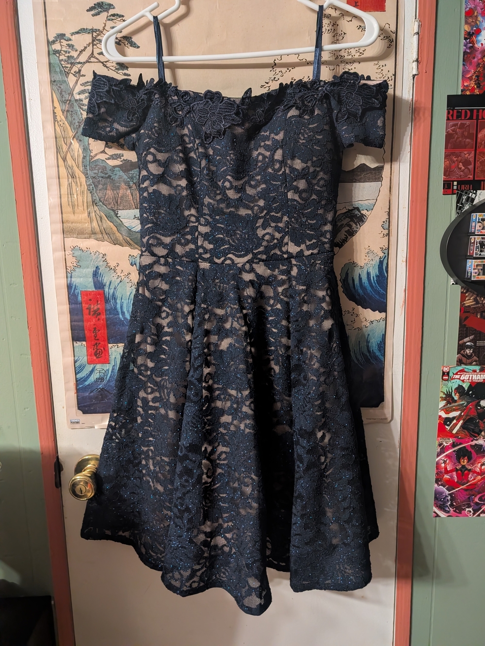 Sequin Hearts Navy Blue Off-Shoulder Lace Party Dress